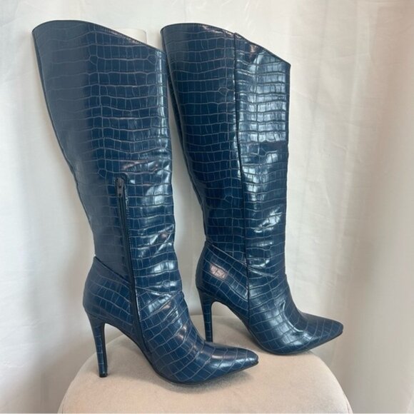 Shoes - Shoe Dazzle Blue Night Is Young Asymmetrical Stiletto croc embossed Boot Sz 10